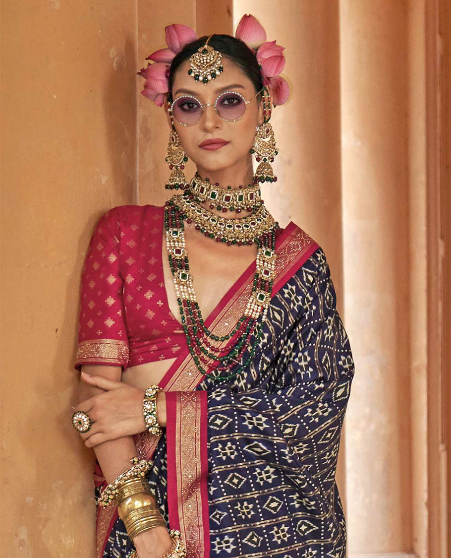 Navy blue buttas enclosed checked designer catalog saree, contrast stone work border, and pallu of temple design and stone work