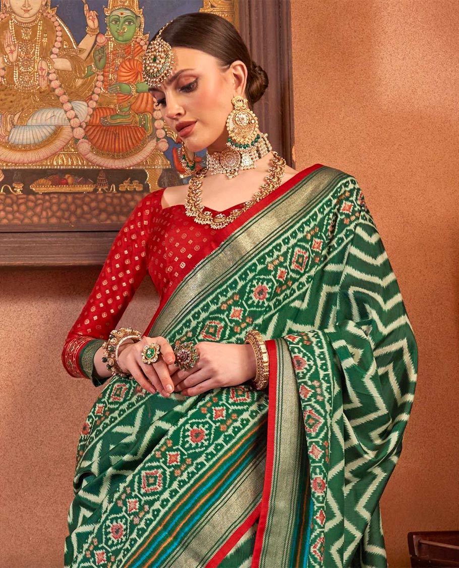 Green ikkat chevron striped designer catalog saree, zari border and ikkat geometric patterned pallu