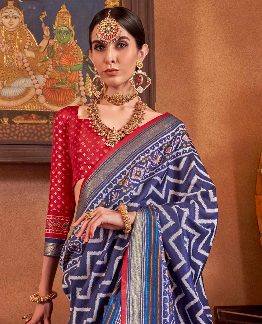 Navy blue ikkat chevron striped designer catalog saree, zari border and ikkat geometric patterned pallu