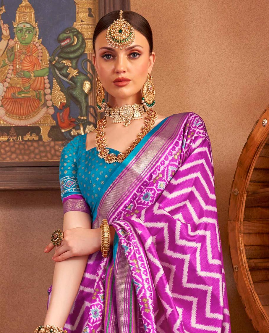 Purple ikkat chevron striped designer catalog saree, zari border and ikkat geometric patterned pallu