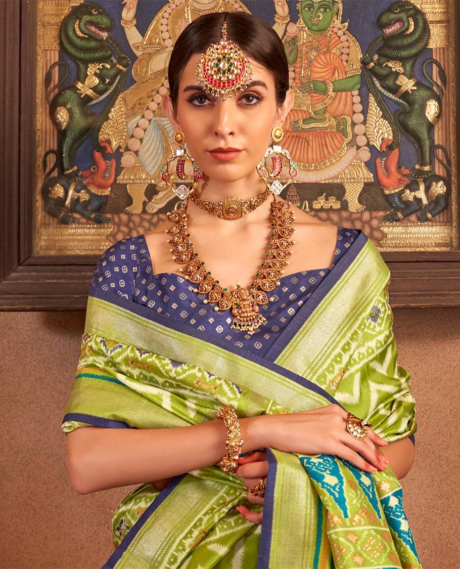 Parrot green ikkat chevron striped designer catalog saree, zari border and ikkat geometric patterned pallu