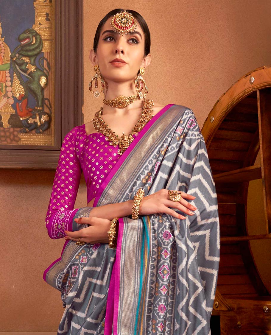 Grey ikkat chevron striped designer catalog saree, zari border and ikkat geometric patterned pallu