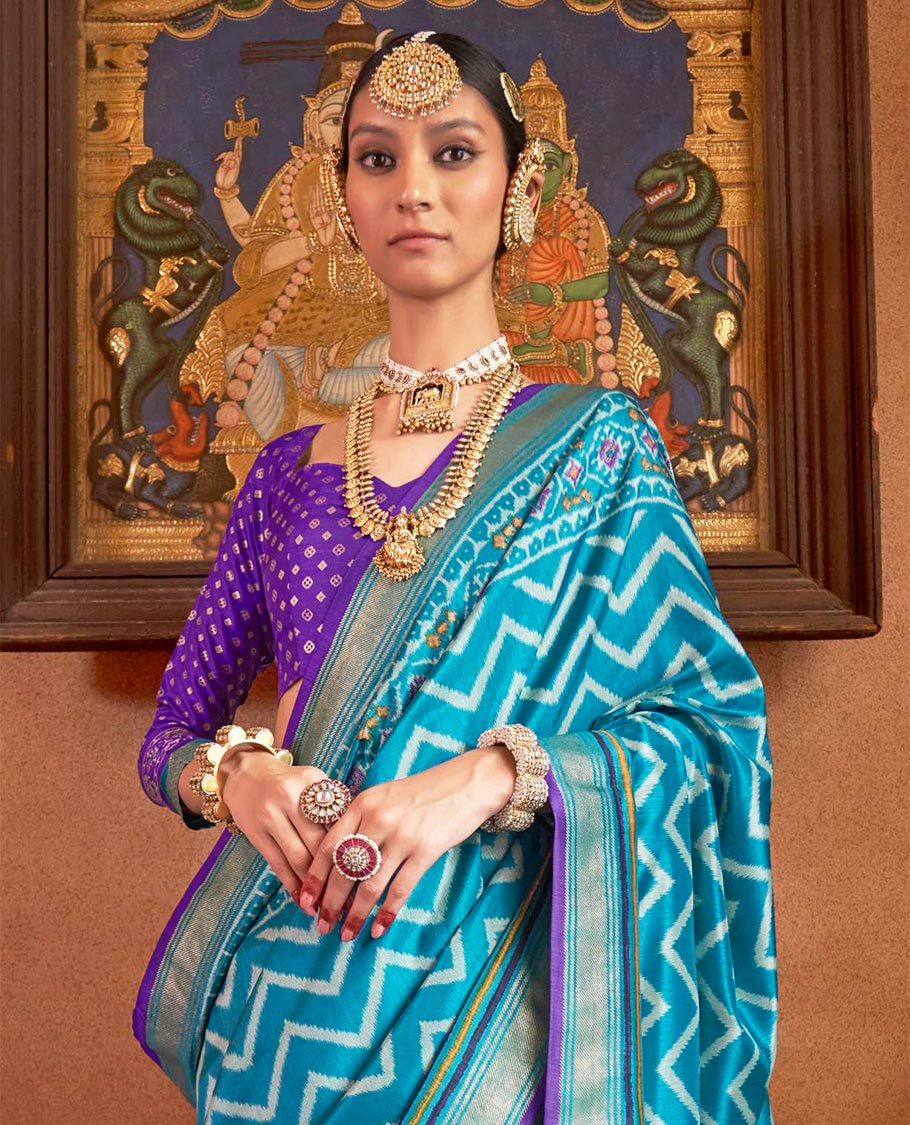 Blue ikkat chevron striped designer catalog saree, zari border and ikkat geometric patterned pallu