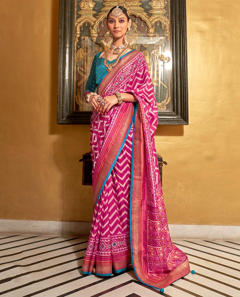 Pink ikkat chevron striped designer catalog saree, zari border and ikkat geometric patterned pallu