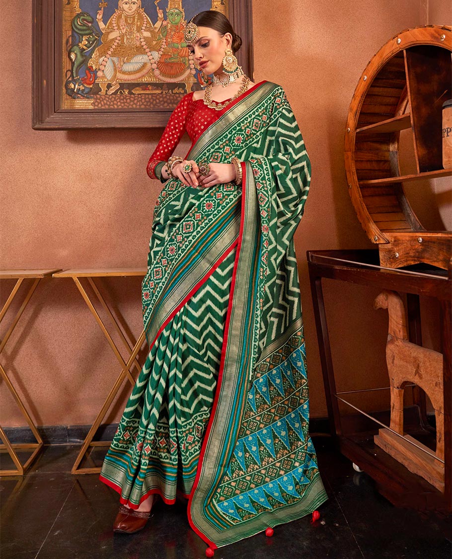 Green ikkat chevron striped designer catalog saree, zari border and ikkat geometric patterned pallu