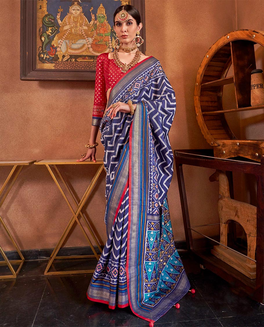 Navy blue ikkat chevron striped designer catalog saree, zari border and ikkat geometric patterned pallu