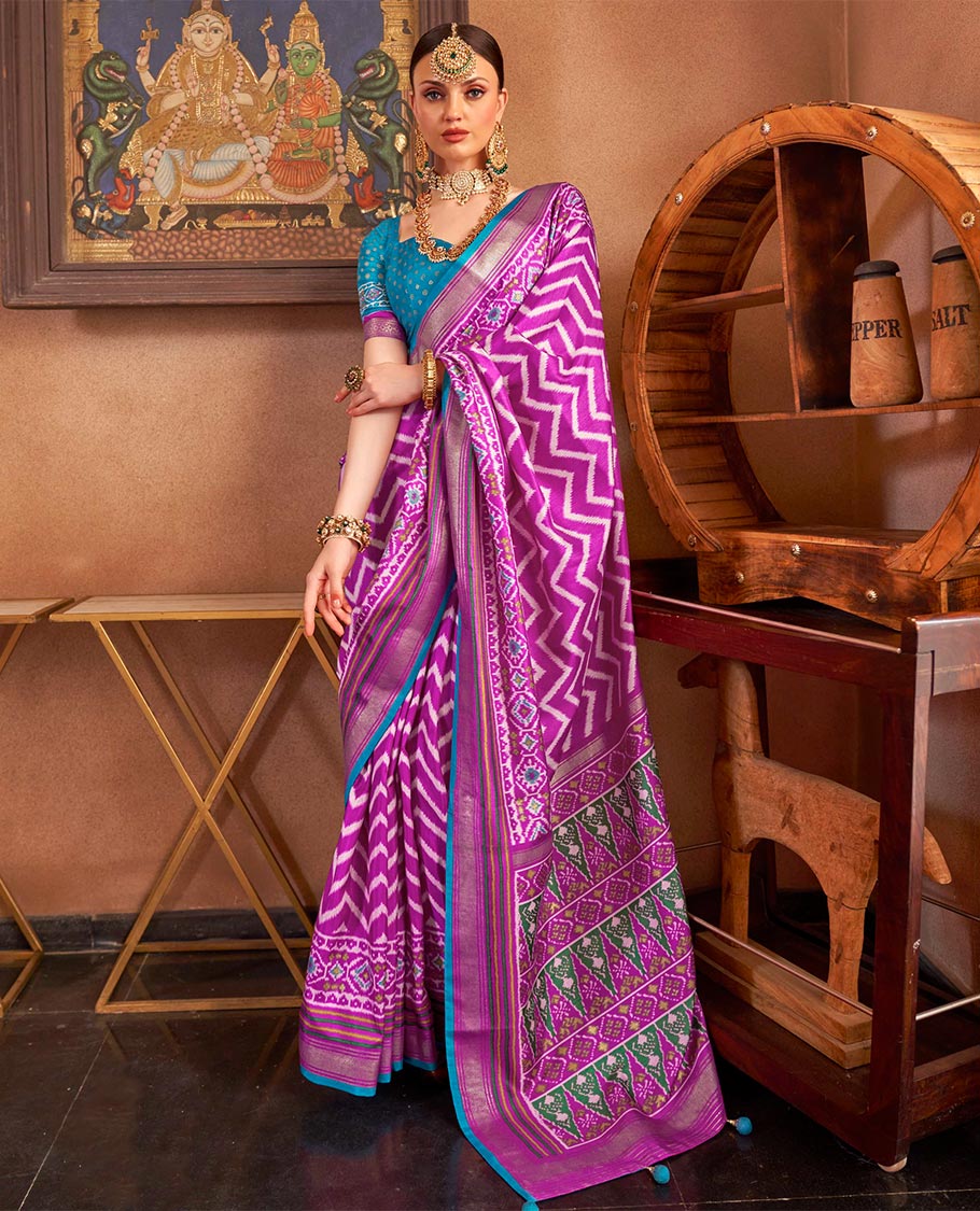 Purple ikkat chevron striped designer catalog saree, zari border and ikkat geometric patterned pallu