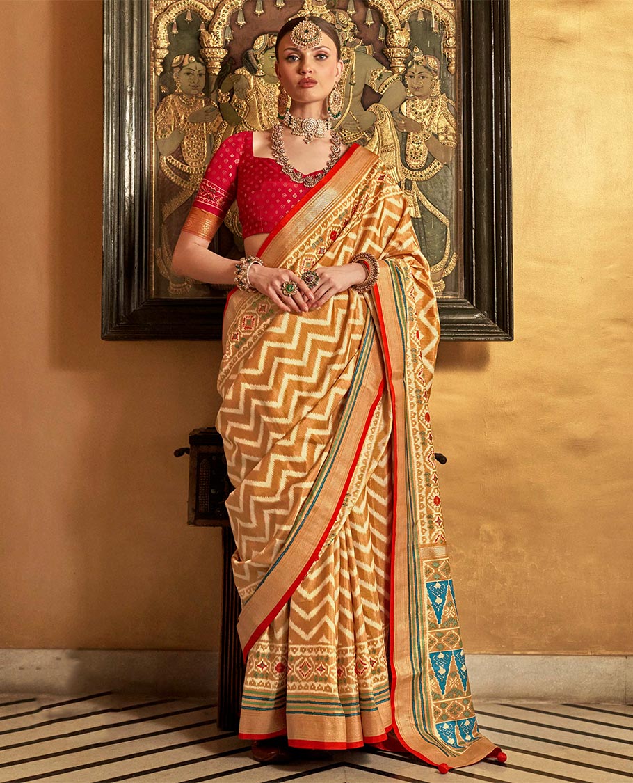 Gold ikkat chevron striped designer catalog saree, zari border and ikkat geometric patterned pallu