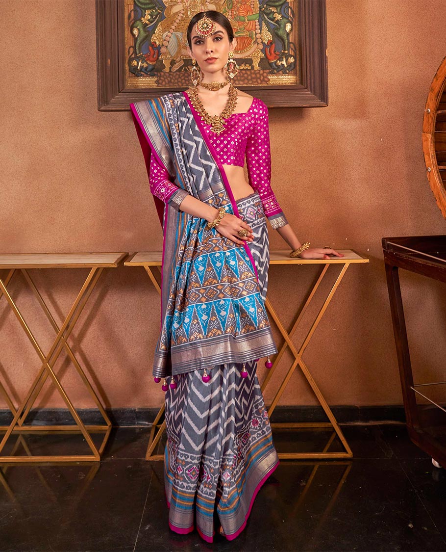 Grey ikkat chevron striped designer catalog saree, zari border and ikkat geometric patterned pallu