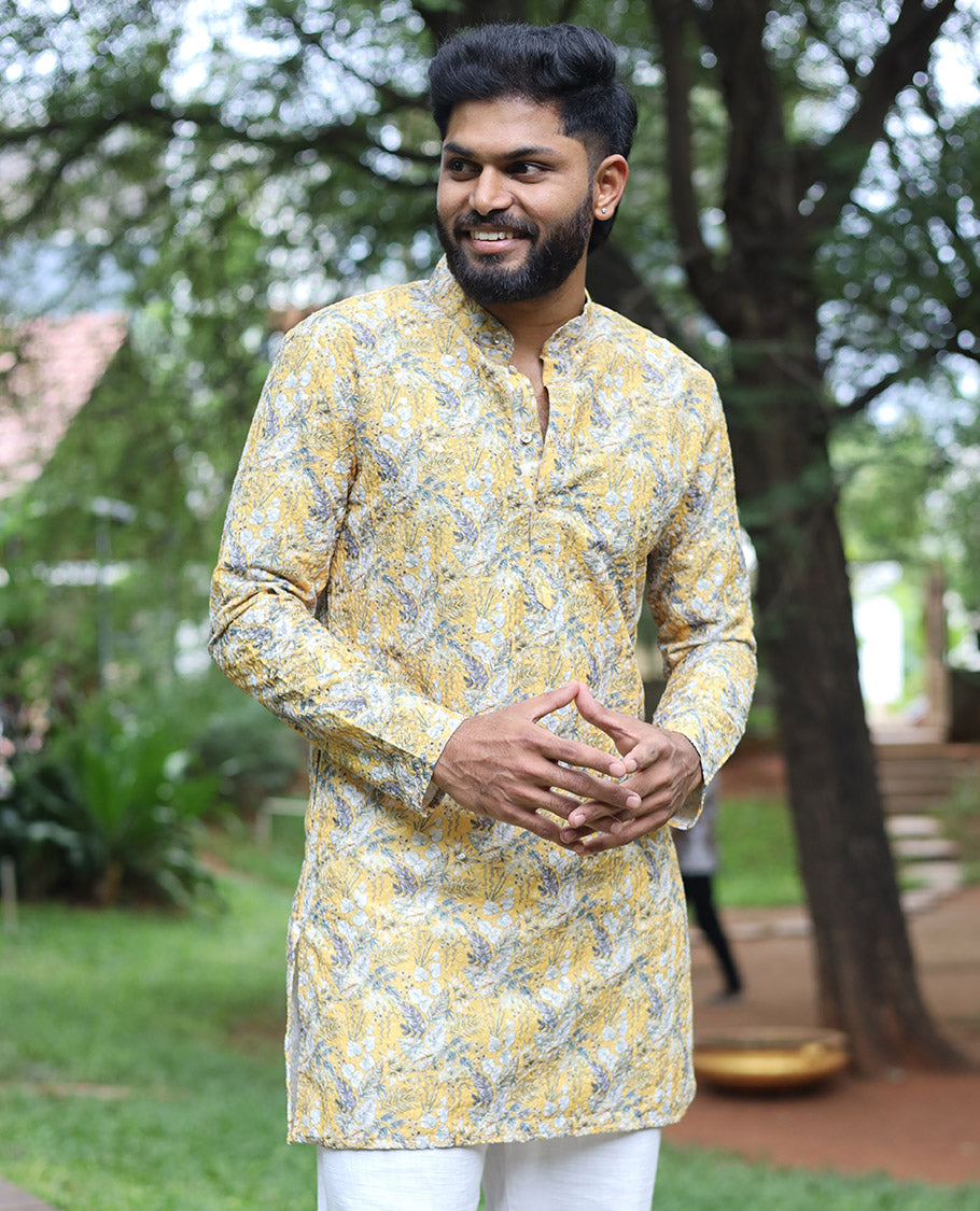 Yellow Tropical-Style Floral Printed with Sequins Work Full-Sleeved Men's Kurta