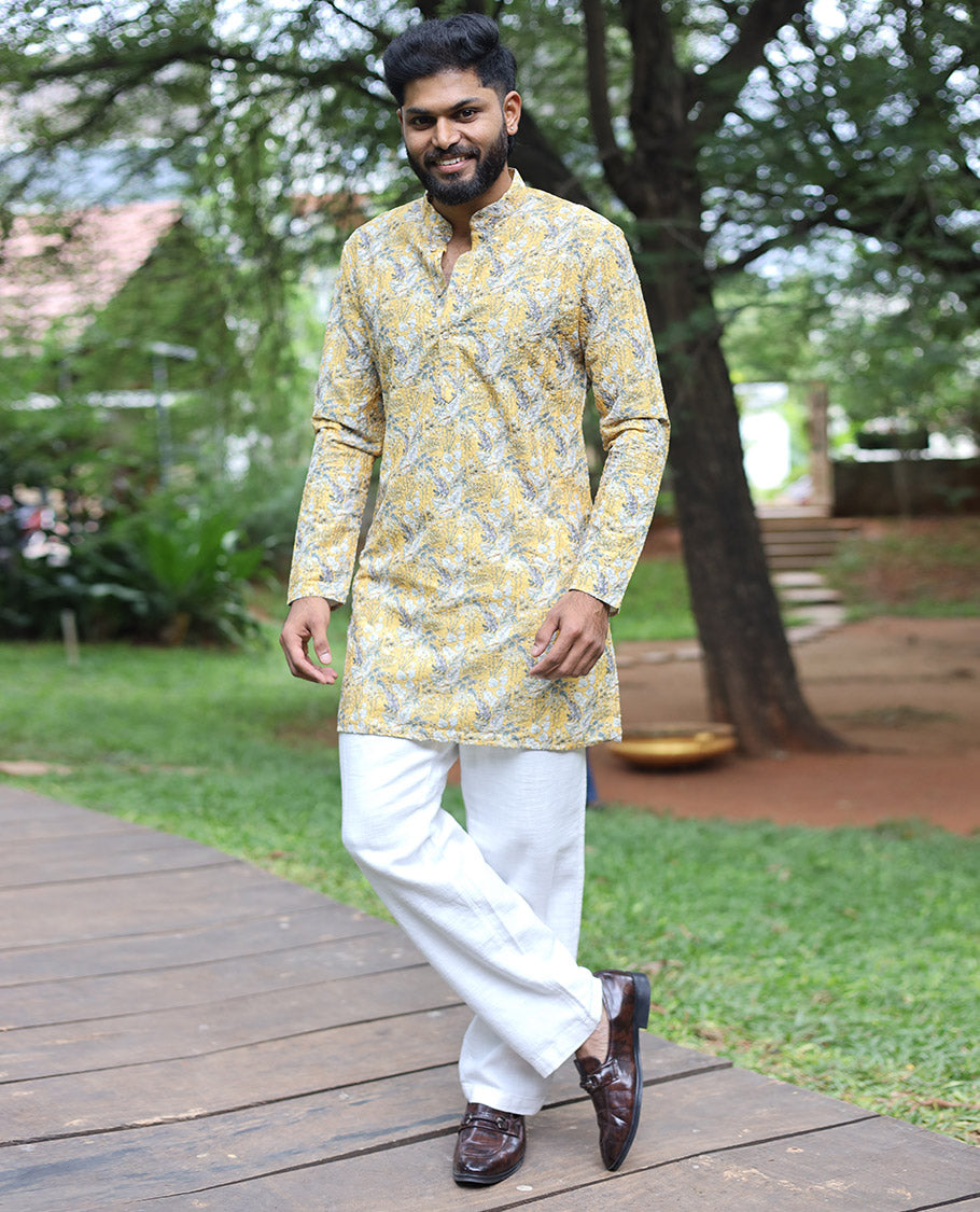 Yellow Tropical-Style Floral Printed with Sequins Work Full-Sleeved Men's Kurta