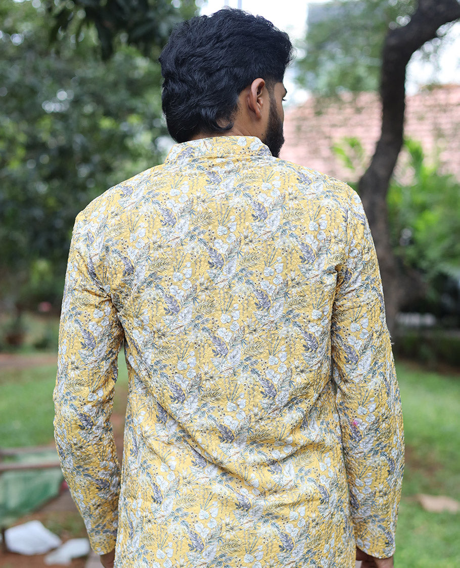 Yellow Tropical-Style Floral Printed with Sequins Work Full-Sleeved Men's Kurta