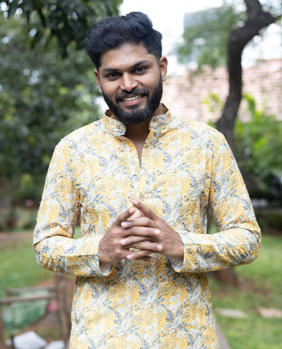 Yellow Tropical-Style Floral Printed with Sequins Work Full-Sleeved Men's Kurta