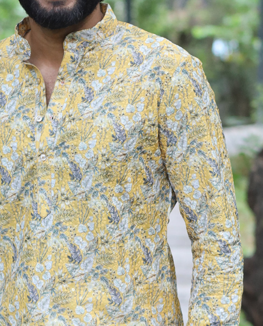 Yellow Tropical-Style Floral Printed with Sequins Work Full-Sleeved Men's Kurta