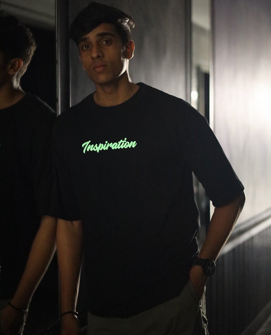 Black Glow in the Dark Cotton-Blended T-Shirt, Adorned with Colorful Cartoon Motifs Print, Comes with a Crew Neck, Half-Sleeves, Oversized Fit, and Long Length