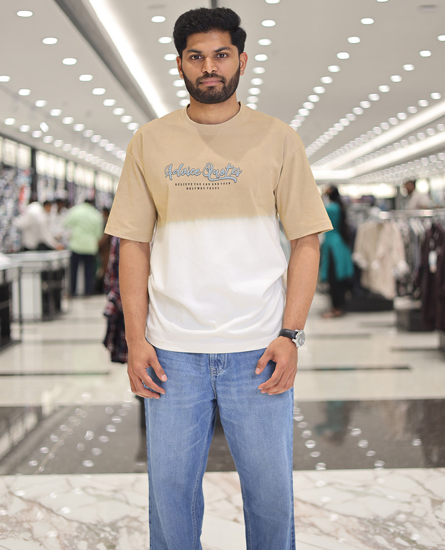 Yellow Cotton-Blended Ombre T-Shirt, Artfully Detailed with Funky Motifs and Typography Prints, Comes with a Crew Neck, Half-Sleeves, Oversized Fit, and Long Length