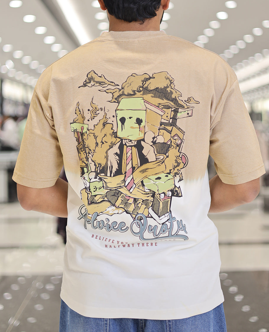 Yellow Cotton-Blended Ombre T-Shirt, Artfully Detailed with Funky Motifs and Typography Prints, Comes with a Crew Neck, Half-Sleeves, Oversized Fit, and Long Length