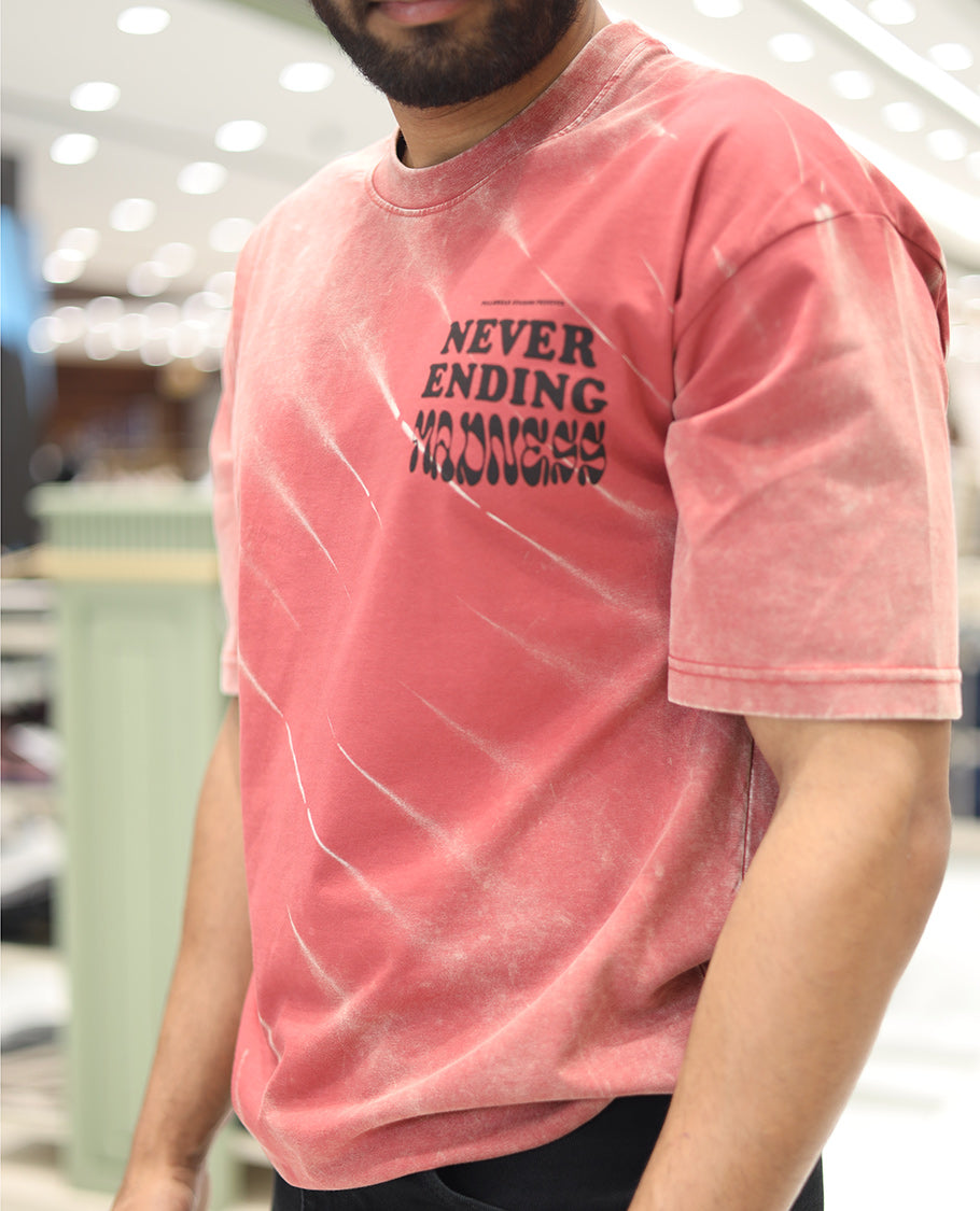 Red Cotton-Blended T-Shirt, Detailed with Typography Print, Comes with a Crew Neck, Half-Sleeves, Oversized Fit, and Long Length