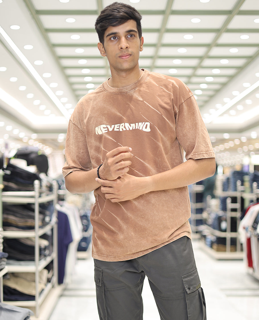 Brown Cotton-Blended T-Shirt, Adorned with Typography Print, Comes with a Crew Neck, Half-Sleeves, Oversized Fit, and Long Length