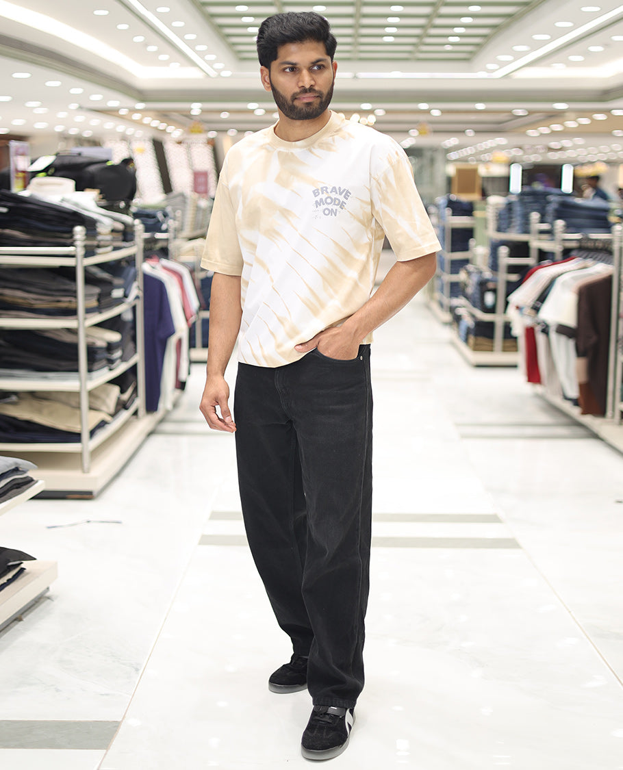 Yellow Cotton-Blended T-Shirt, Enriched with Typography Print, Comes with a Crew Neck, Half-Sleeves, Oversized Fit, and Long Length