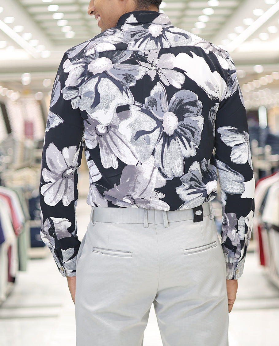Navy Cotton Blended Casual Shirt, Adorned with Vibrant Tropical Floral Prints, a Spread Collar, Full Sleeves, Slim Fit, and Regular Length
