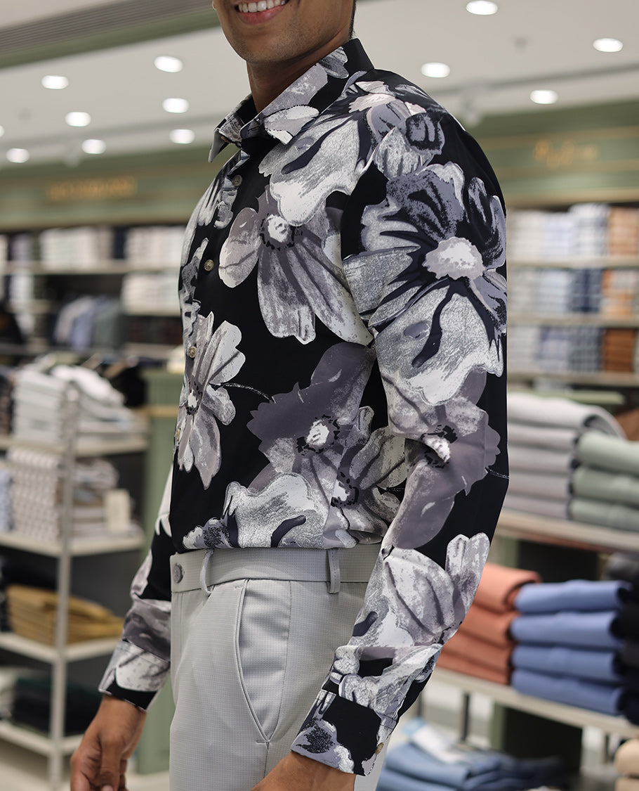 Navy Cotton Blended Casual Shirt, Adorned with Vibrant Tropical Floral Prints, a Spread Collar, Full Sleeves, Slim Fit, and Regular Length