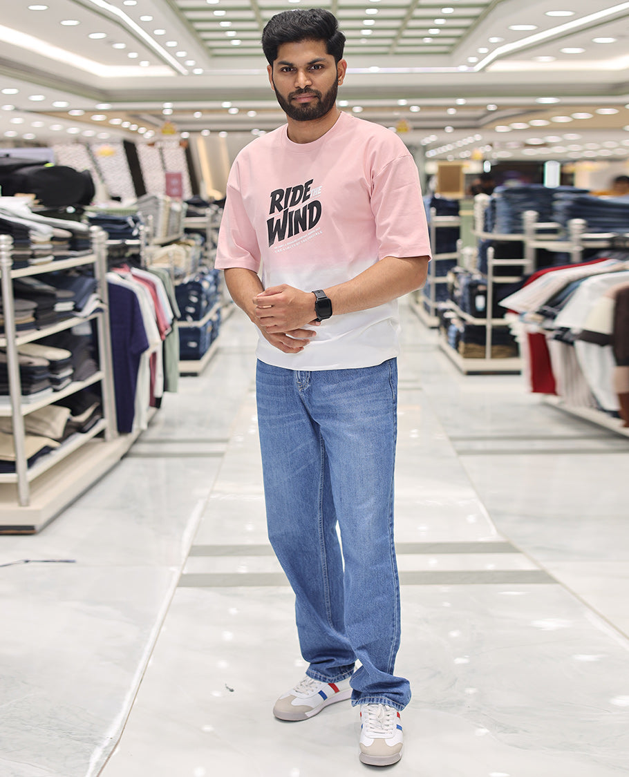 Pink Cotton-Blended Ombre T-Shirt, Artfully Detailed with Funky Motifs and Typography Prints, Comes with a Crew Neck, Half-Sleeves, Oversized Fit, and Long Length