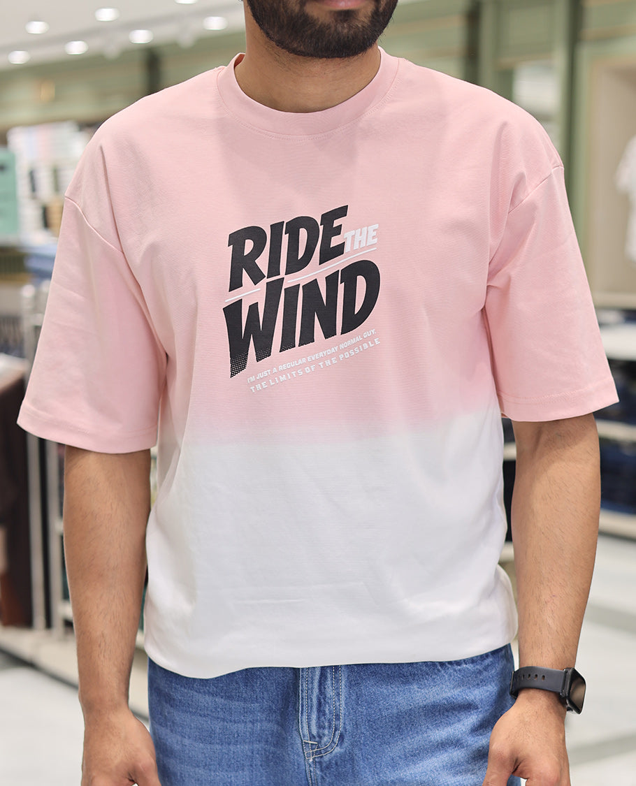 Pink Cotton-Blended Ombre T-Shirt, Artfully Detailed with Funky Motifs and Typography Prints, Comes with a Crew Neck, Half-Sleeves, Oversized Fit, and Long Length