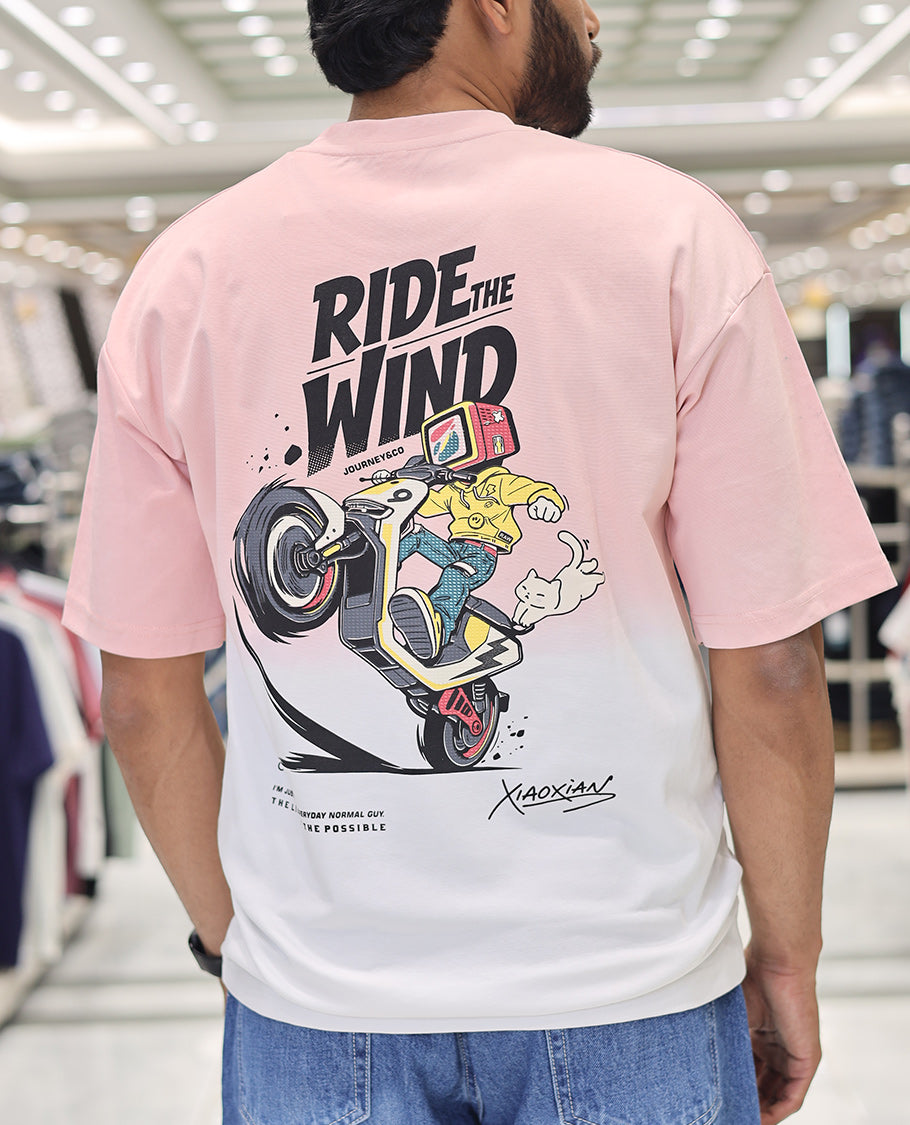 Pink Cotton-Blended Ombre T-Shirt, Artfully Detailed with Funky Motifs and Typography Prints, Comes with a Crew Neck, Half-Sleeves, Oversized Fit, and Long Length