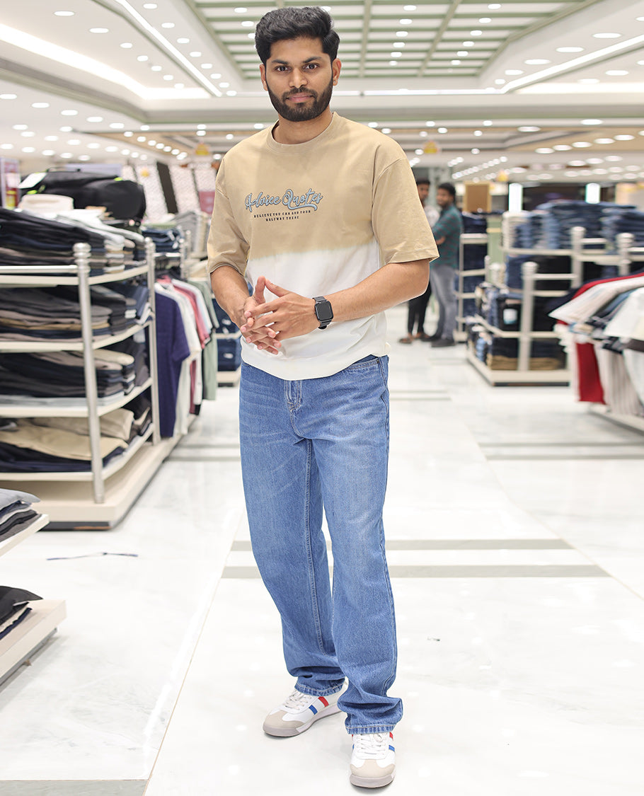 Yellow Cotton-Blended Ombre T-Shirt, Artfully Detailed with Funky Motifs and Typography Prints, Comes with a Crew Neck, Half-Sleeves, Oversized Fit, and Long Length