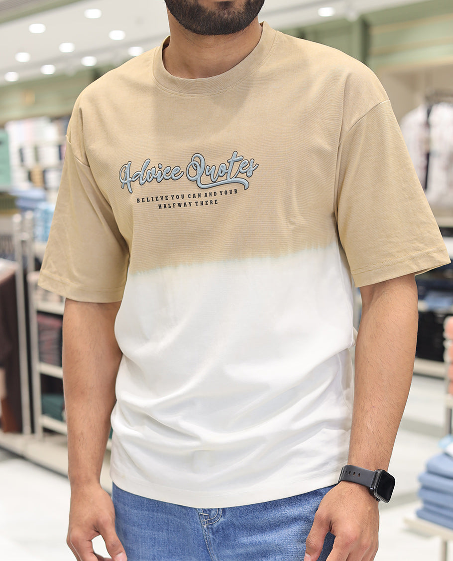 Yellow Cotton-Blended Ombre T-Shirt, Artfully Detailed with Funky Motifs and Typography Prints, Comes with a Crew Neck, Half-Sleeves, Oversized Fit, and Long Length