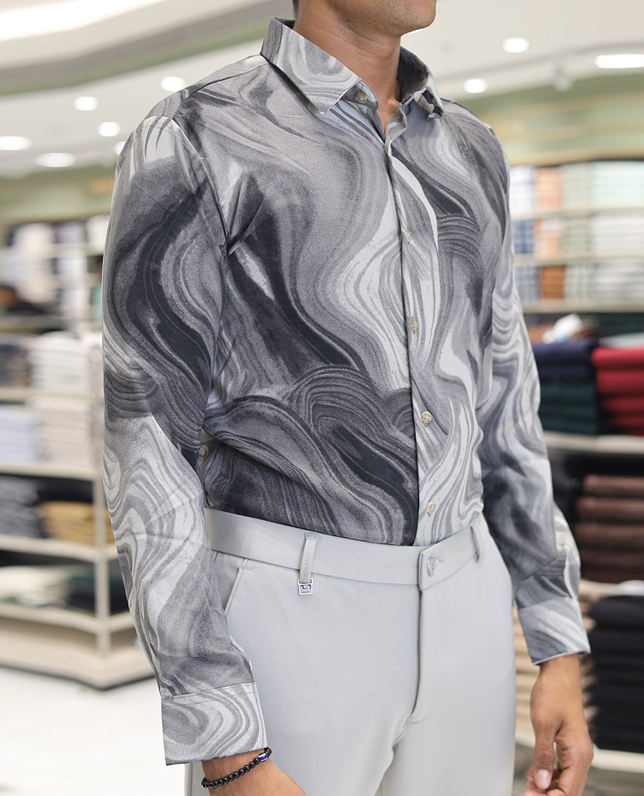 Grey Cotton Blended Casual Shirt, Enthralled with Vibrant Tropical Marble Prints, a Spread Collar, Full Sleeves, Slim Fit, and Regular Length