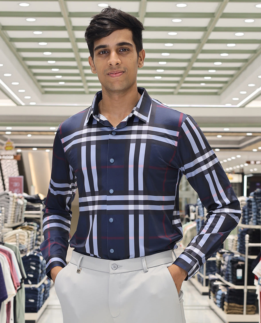 Navy Poly Lycra Blended Stitchless Casual Shirt, Elevated with Burberry Checks, Featuring a Spread Collar, Full-Sleeves, Slim Fit, and Regular Length
