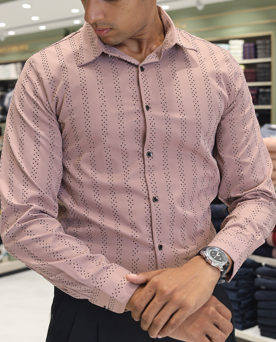 Peach Poly-Blended Party Wear Shirt, Features Vertical Stripes in Micro-Stone Work, a Spread Collar, Full-Sleeves, Slim Fit, and Regular Length