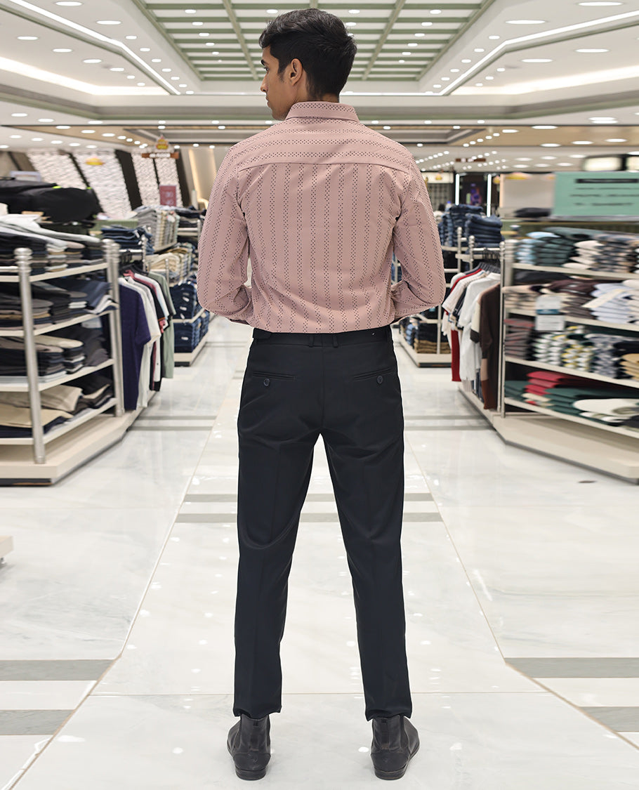 Peach Poly-Blended Party Wear Shirt, Features Vertical Stripes in Micro-Stone Work, a Spread Collar, Full-Sleeves, Slim Fit, and Regular Length