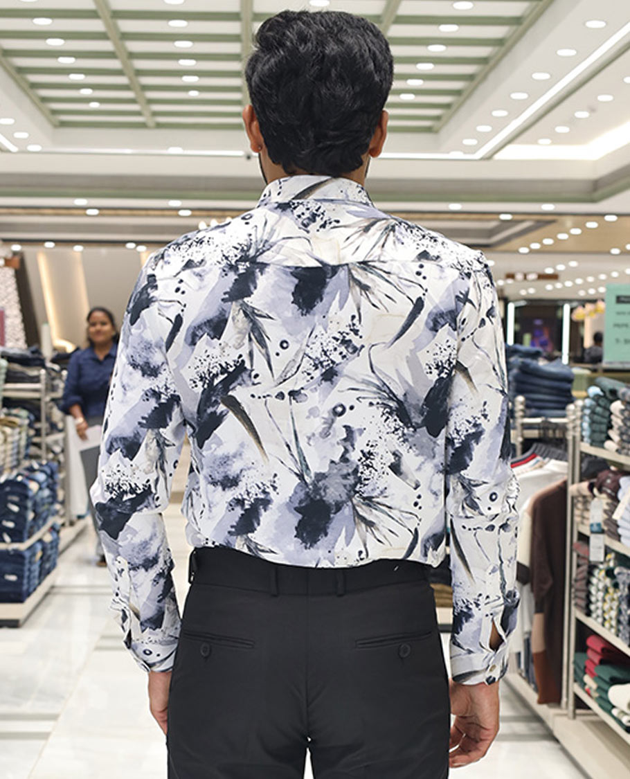 White Cotton Blended Casual Shirt, Adorned with Vibrant Prints, a Spread Collar, Full Sleeves, Slim Fit, and Regular Length