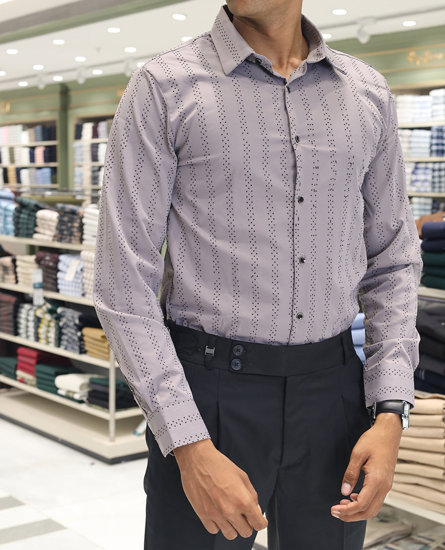 Grey Poly-Blended Party Wear Shirt, Features Vertical Stripes in Micro-Stone Work, a Spread Collar, Full-Sleeves, Slim Fit, and Regular Length