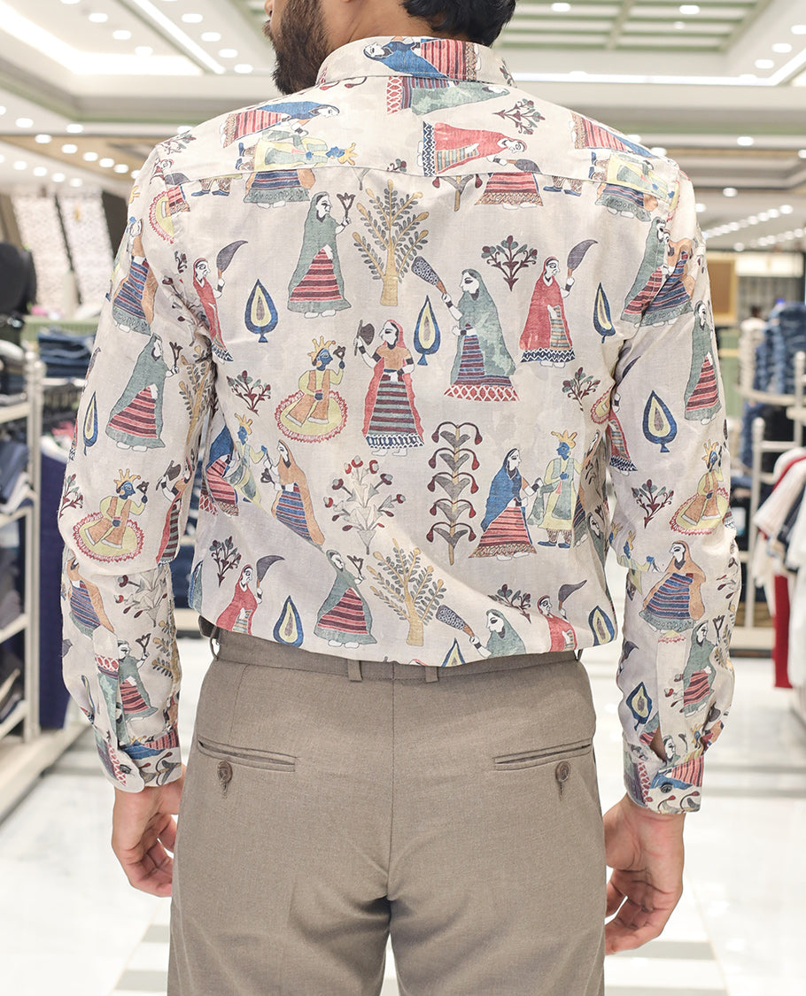Cream Cotton Blended Casual Shirt, Artfully Designed with Human Motifs Print, Comes with a Spread Collar, Full Sleeves, Slim Fit, and Regular Length