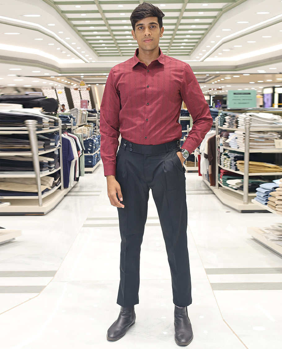 Red Poly-Blended Party Wear Shirt, Features Vertical Stripes in Micro-Stone Work, a Spread Collar, Full-Sleeves, Slim Fit, and Regular Length