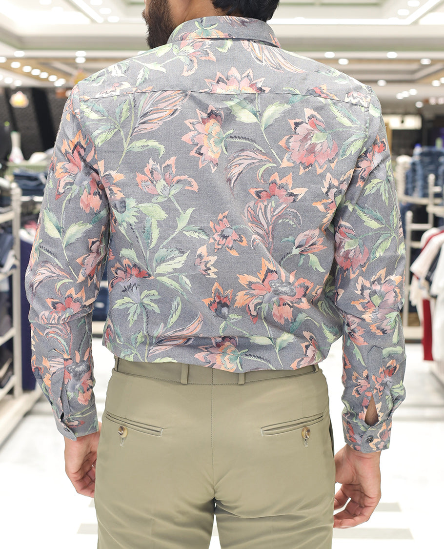 Grey Cotton Blended Casual Shirt, Artfully Designed with Colorful Floral Print, Comes with a Spread Collar, Full Sleeves, Slim Fit, and Regular Length