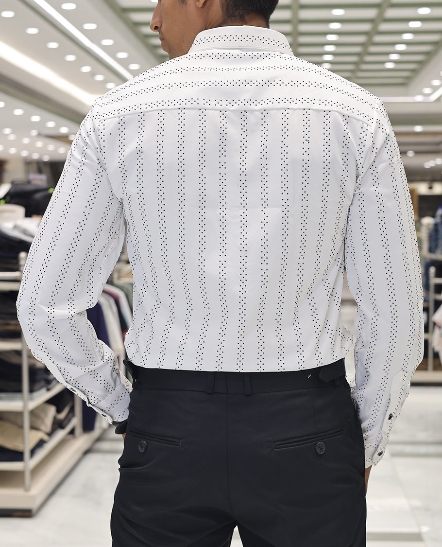 White Poly-Blended Party Wear Shirt, Features Vertical Stripes in Micro-Stone Work, a Spread Collar, Full-Sleeves, Slim Fit, and Regular Length