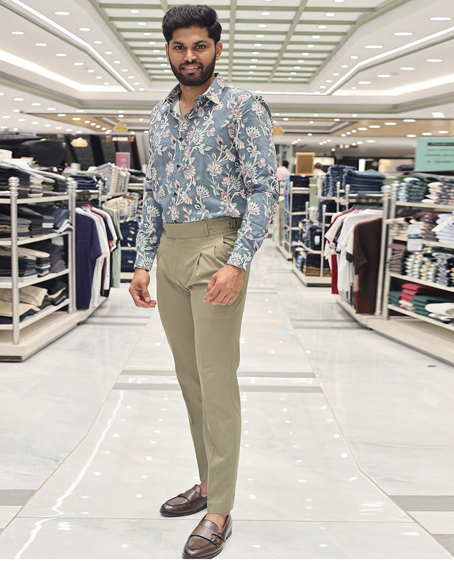 Blue Cotton Blended Casual Shirt, Artfully Designed with Floral Vine Print, Comes with a Spread Collar, Full Sleeves, Slim Fit, and Regular Length