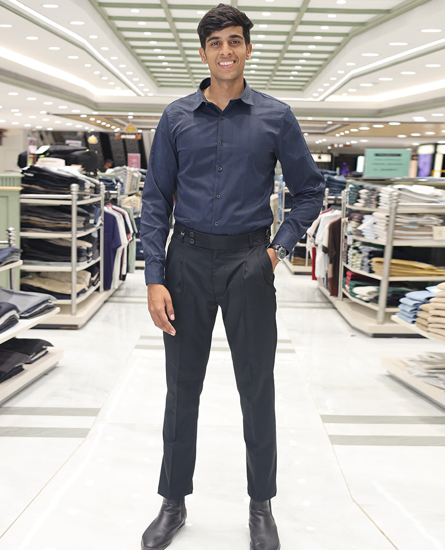 Navy Blue Poly-Blended Party Wear Shirt, Features Vertical Stripes in Micro-Stone Work, a Spread Collar, Full-Sleeves, Slim Fit, and Regular Length