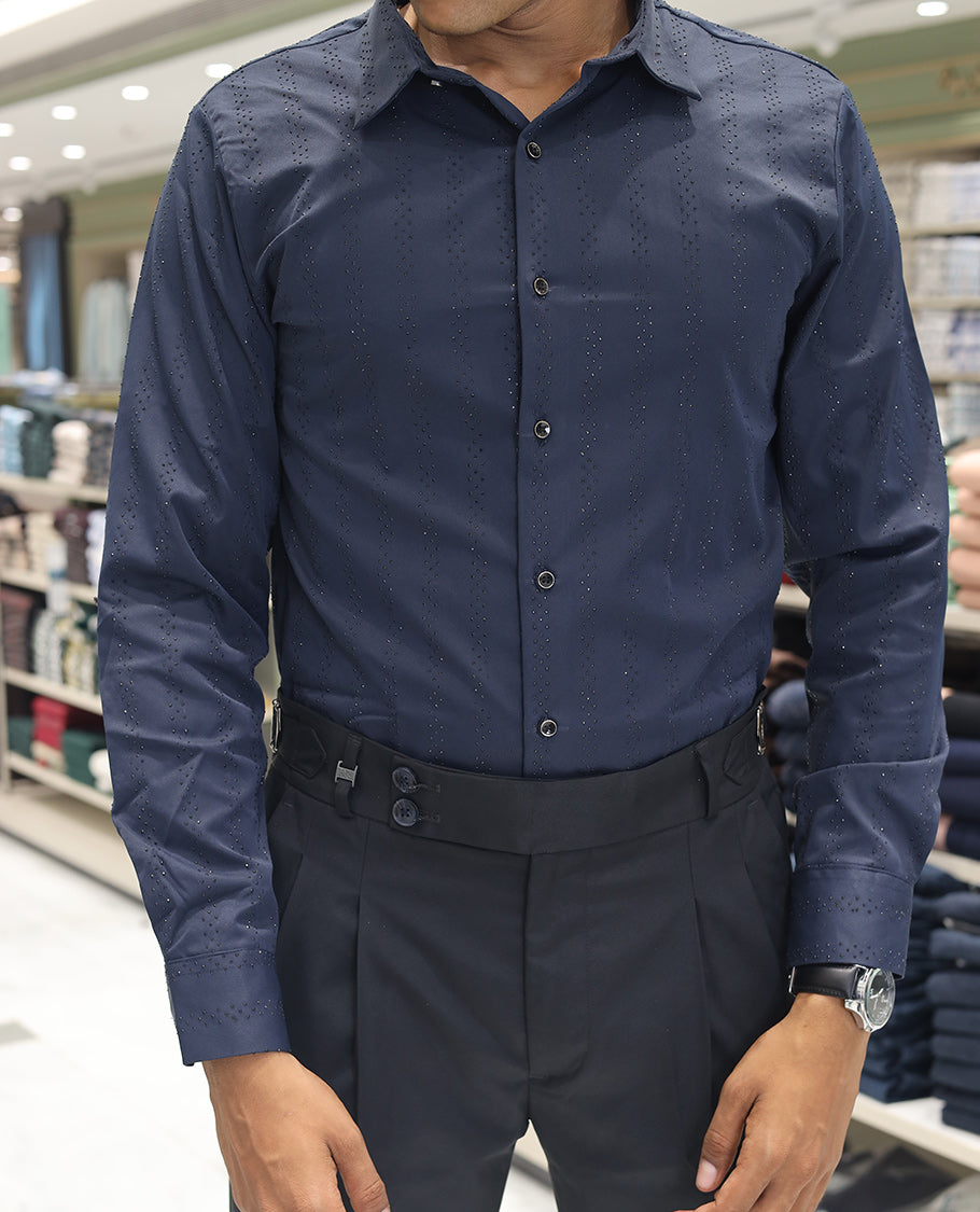 Navy Blue Poly-Blended Party Wear Shirt, Features Vertical Stripes in Micro-Stone Work, a Spread Collar, Full-Sleeves, Slim Fit, and Regular Length
