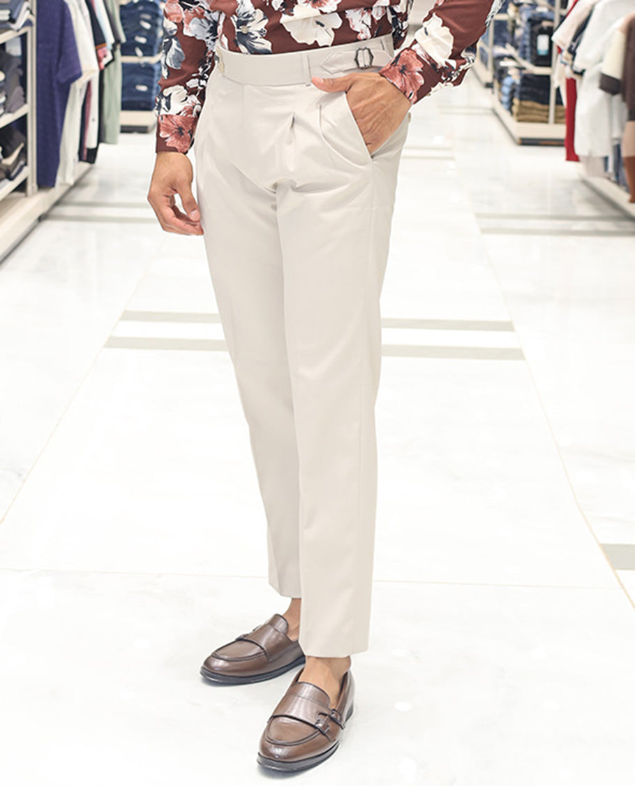 Cream Plain Poly Viscose Blended Formal Trousers Come with a Slim Fit and Regular Length