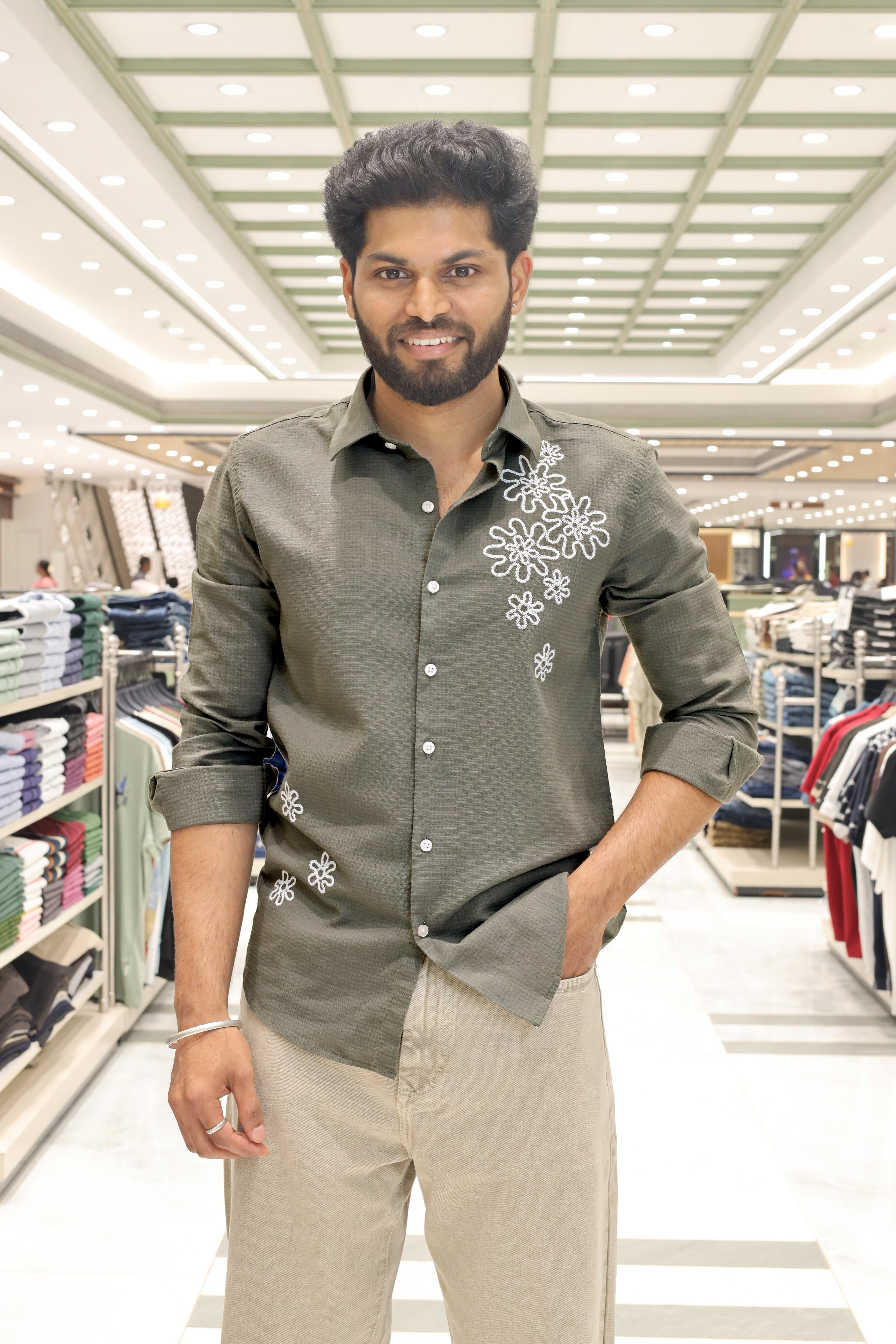 Green Cotton-Blended Casual Shirt, Subtly Sparkled with Flower Thread Outline Embroidery, Featuring a Spread Collar, Full Sleeves, Slim Fit, and Regular Length