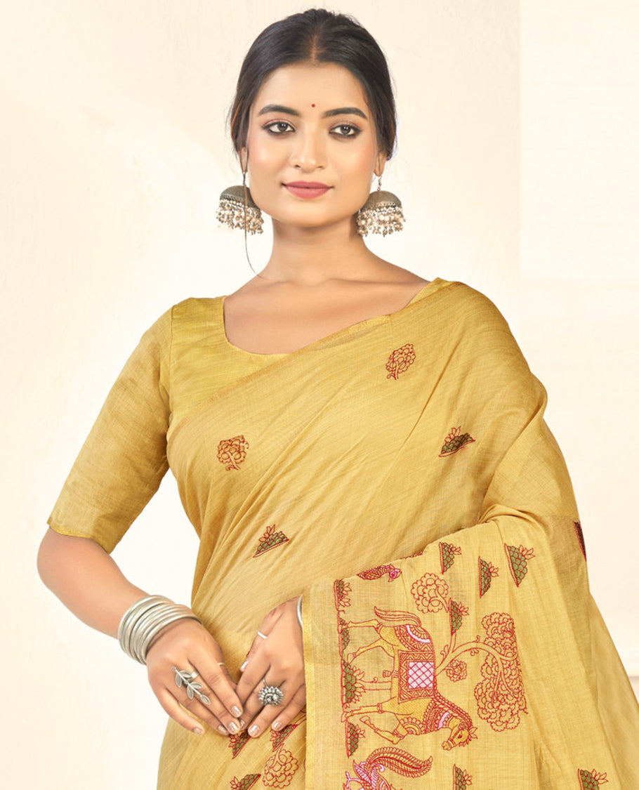 Borderless Sandal Floral-Animal Embroidered Linen Cotton Designer Catalog Saree, a Matching Blouse