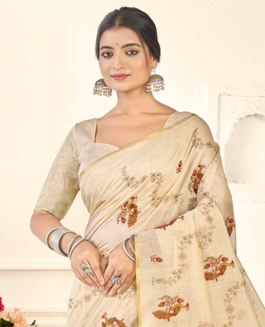 Borderless Cream Floral Vine-Peacock Embroidered Linen Cotton Designer Catalog Saree, a Matching Blouse