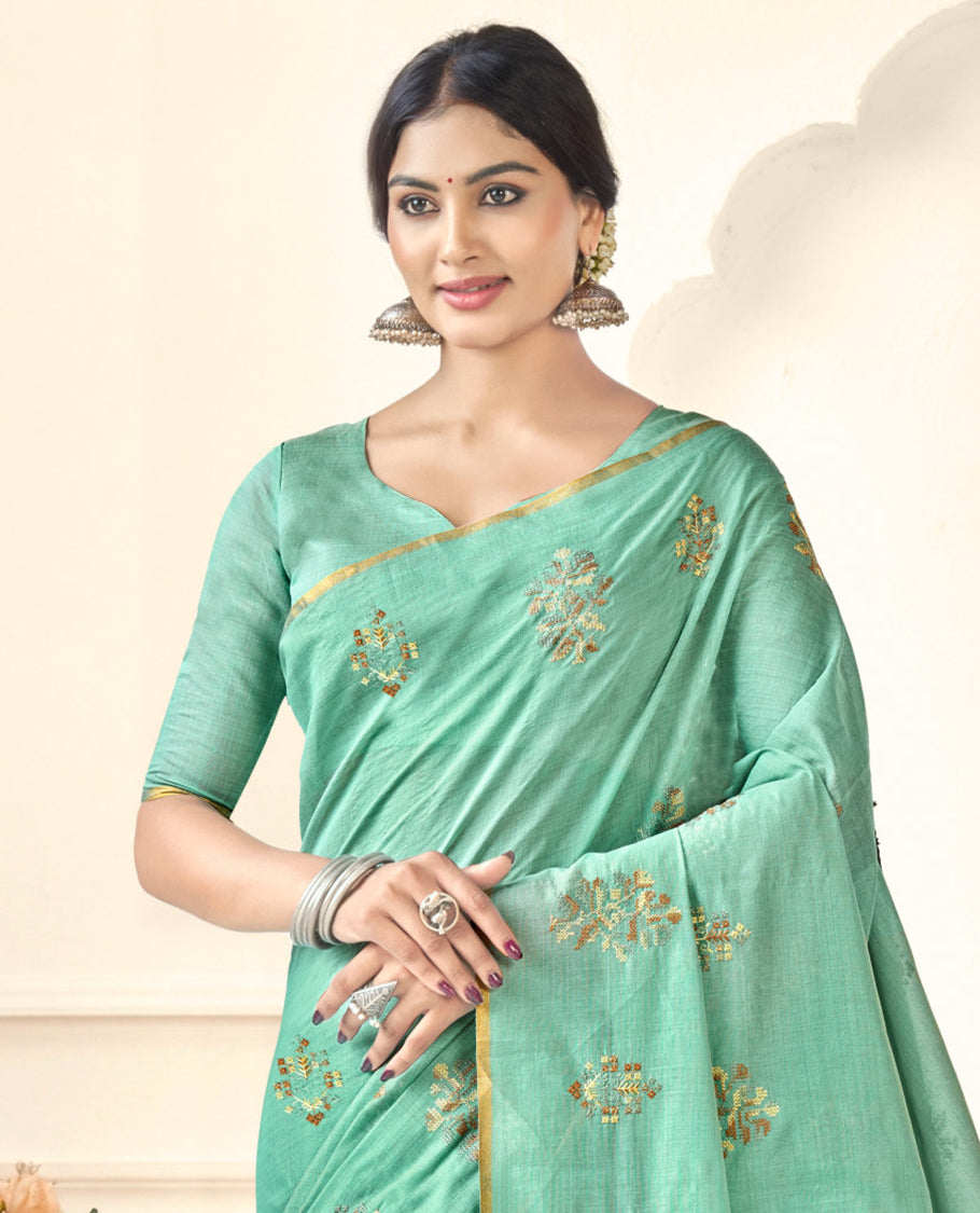 Borderless Green Linen Cotton Designer Catalog Saree, Bedecked with Embroidered Motifs, and a Matching Blouse