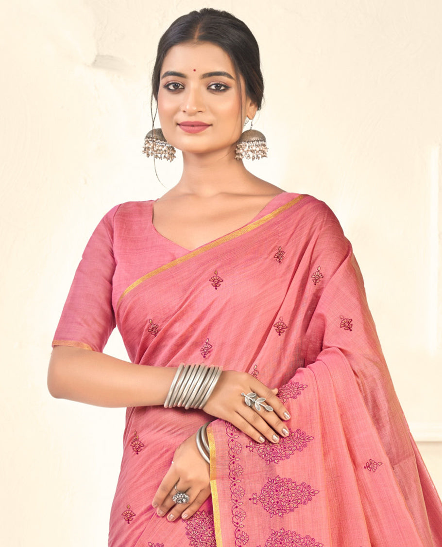 Borderless Pink Floral Embroidered Linen Cotton Designer Catalog Saree, and a Matching Blouse